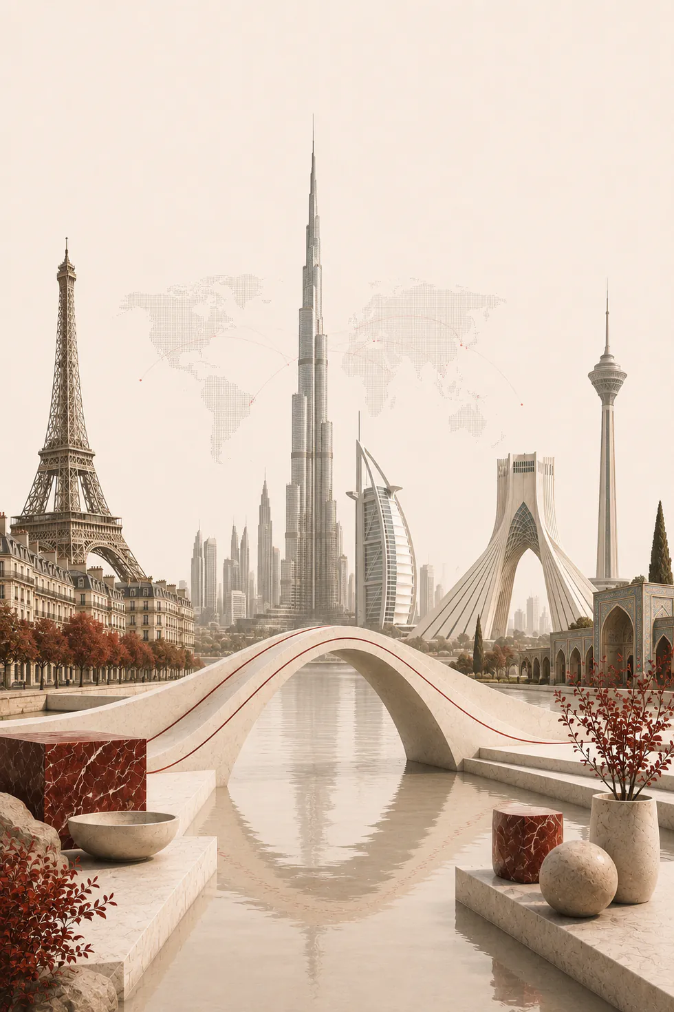 The Andarz bridge: from France, through Dubai, to Iran. Eiffel Tower, Burj Khalifa and Azadi Tower joined by one marble bridge